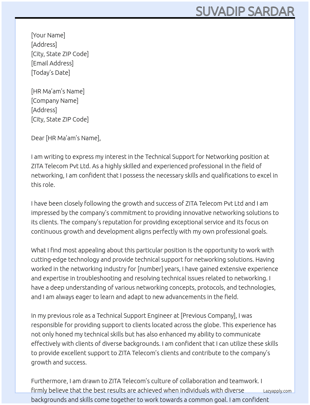 Technical support for networking At ZITA Telecom Pvt Ltd  Cover Letter