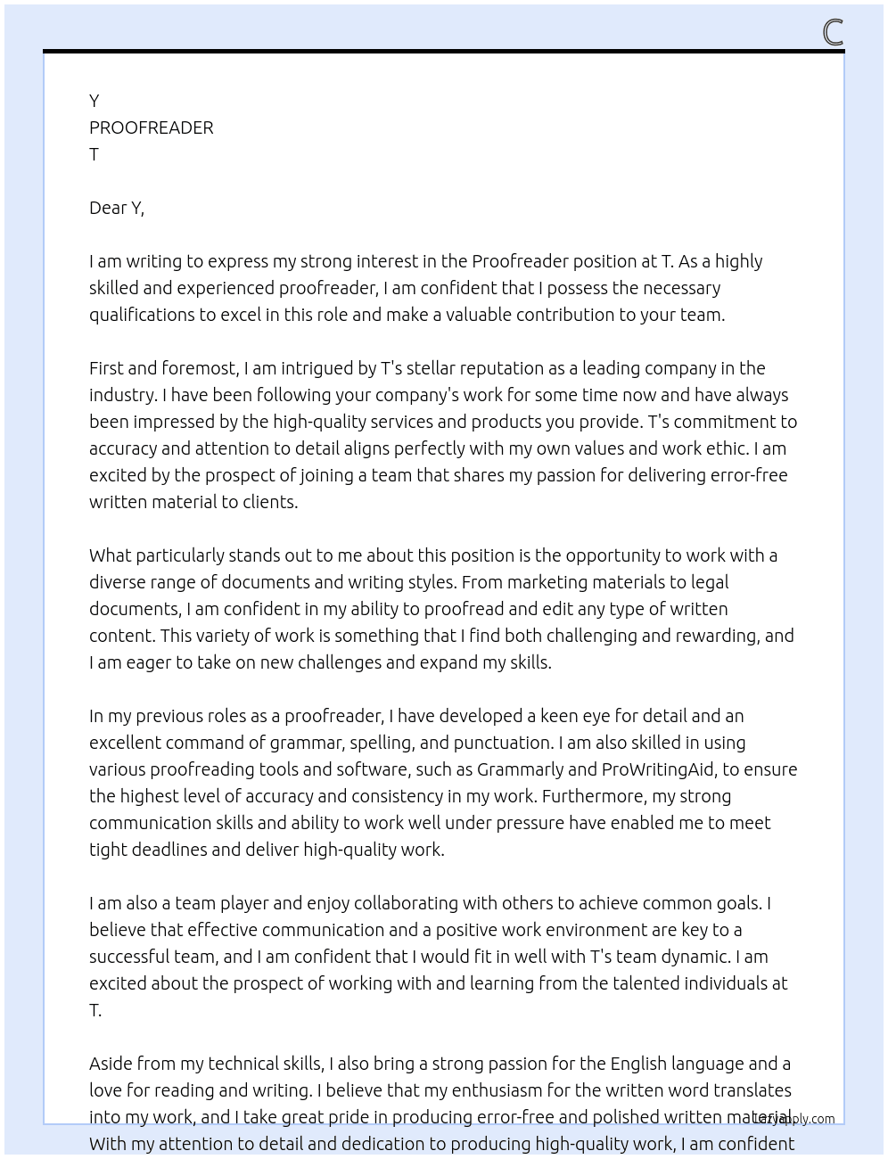 PROOFREADER At T Cover Letter