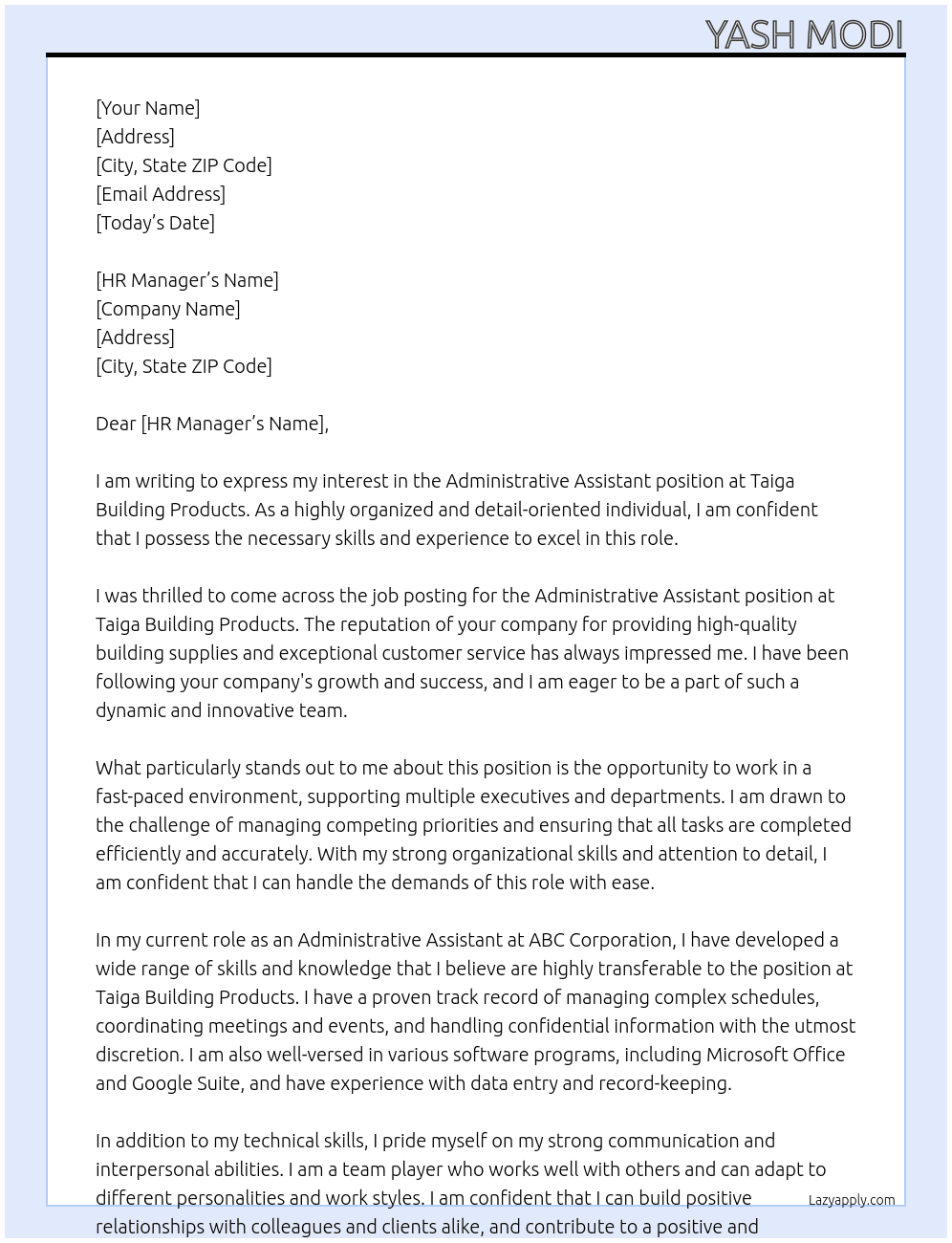 Administrative assistant  At Taiga building products Cover Letter