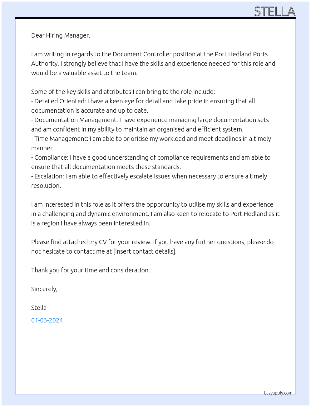 Document Controller At Port Hedland Ports Authority Cover Letter