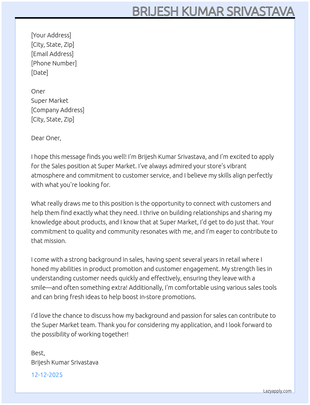Sales At SUPER MARKET  Cover Letter