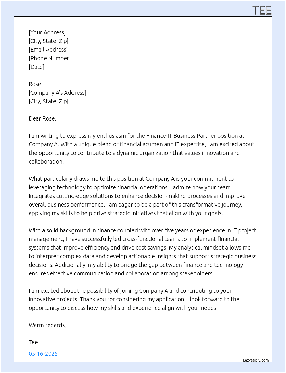 Cover letter for fiannce-it business partner - LazyApply