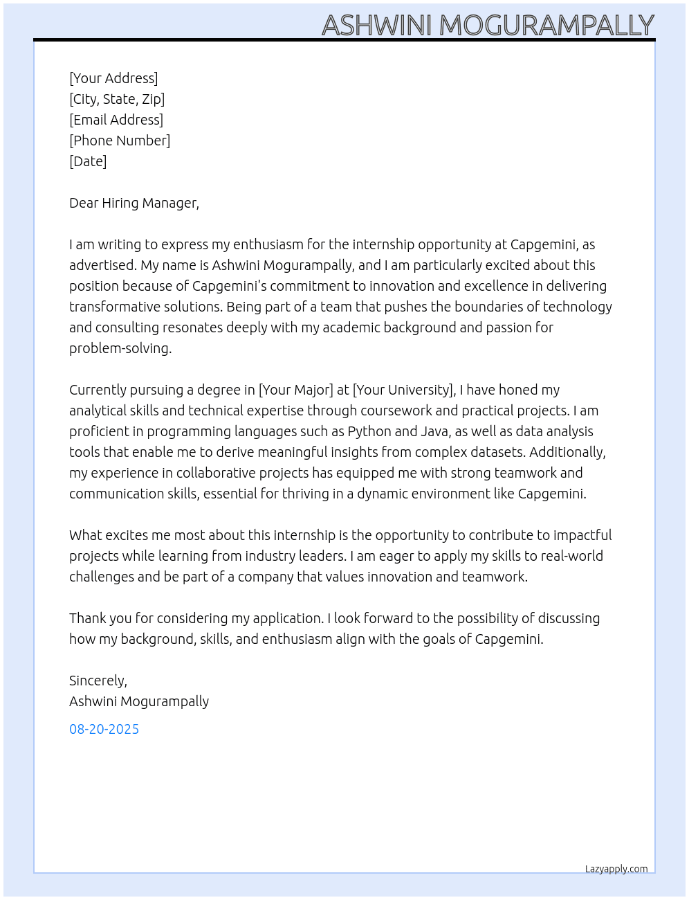 internship At Capgemini Cover Letter