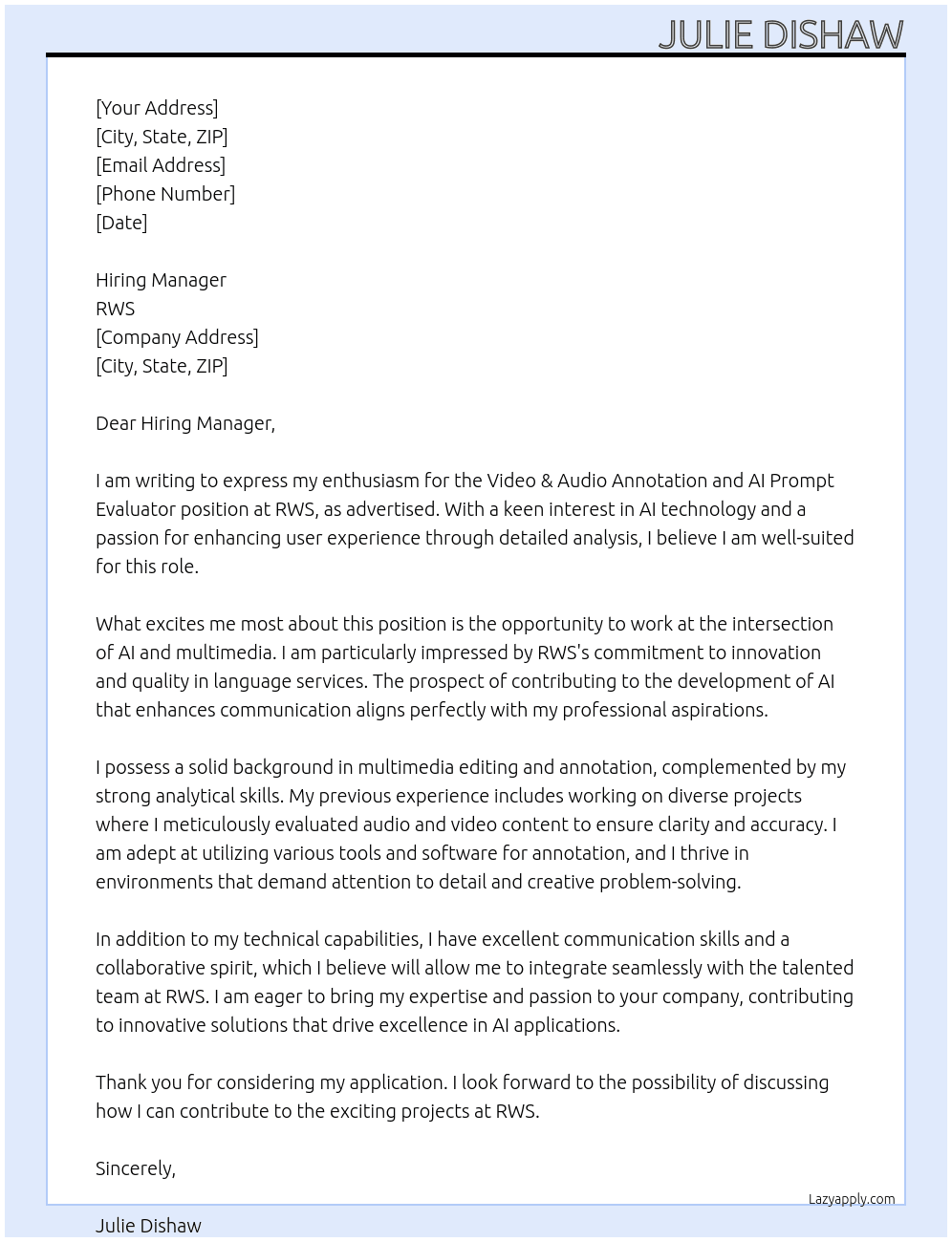 Video & Audio Annotation and AI Prompt Evaluator At RWS Cover Letter