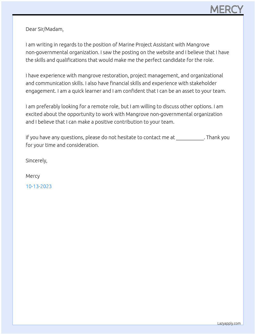 Marine project assistant At Mangrove non-governmental organization Cover Letter