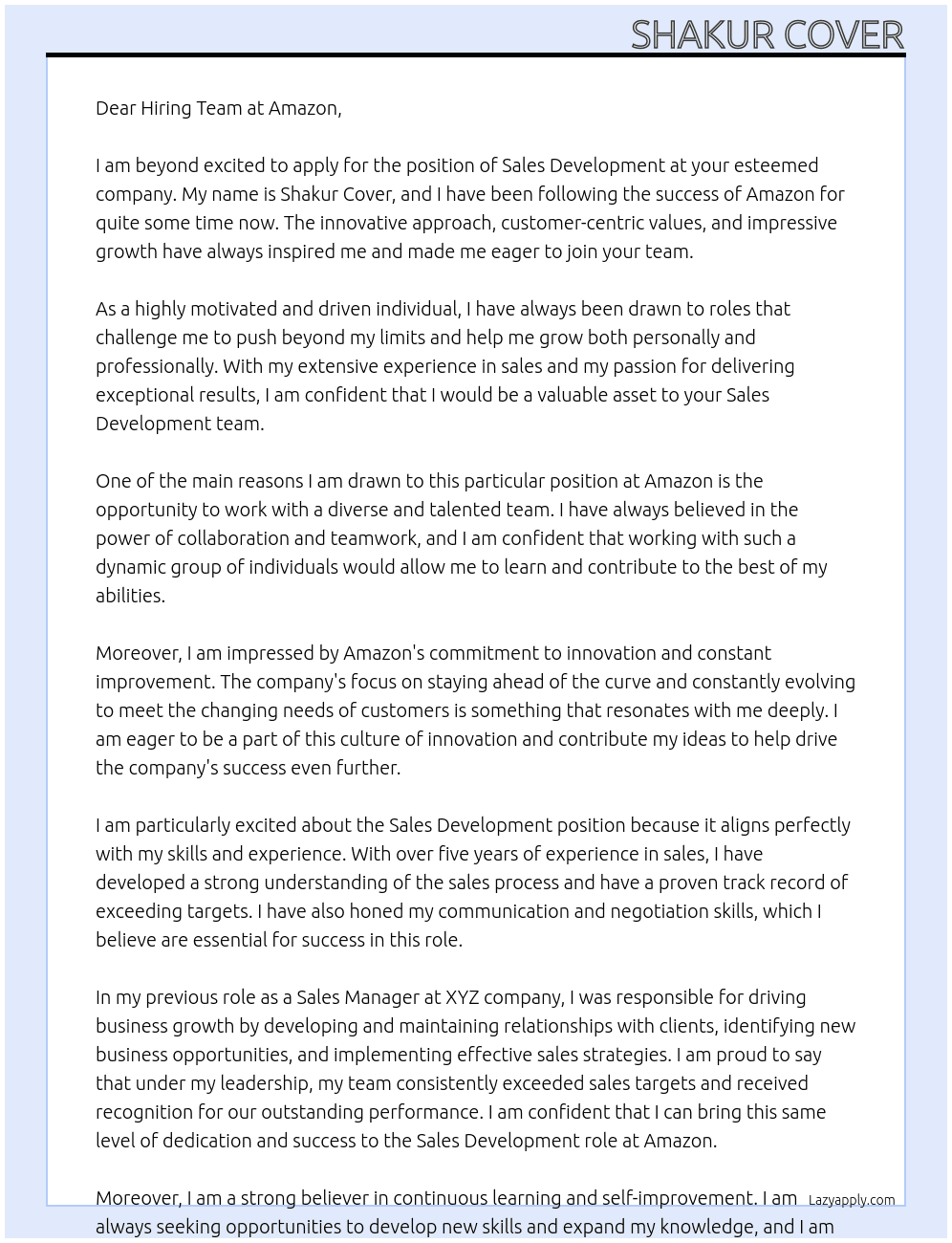 Sales development  At Amazon Cover Letter