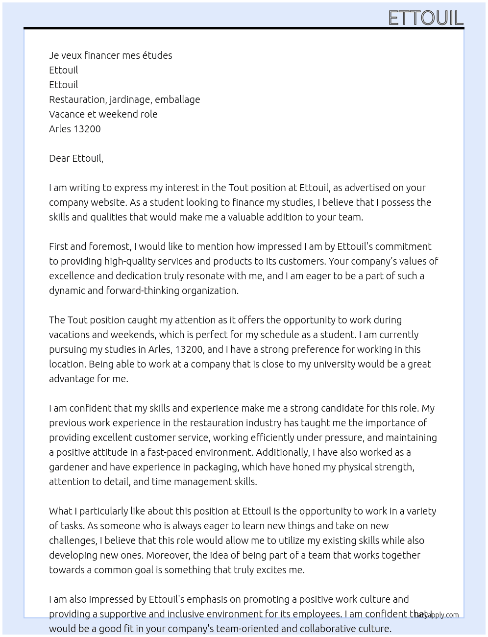 Tout  At Ettouil Cover Letter