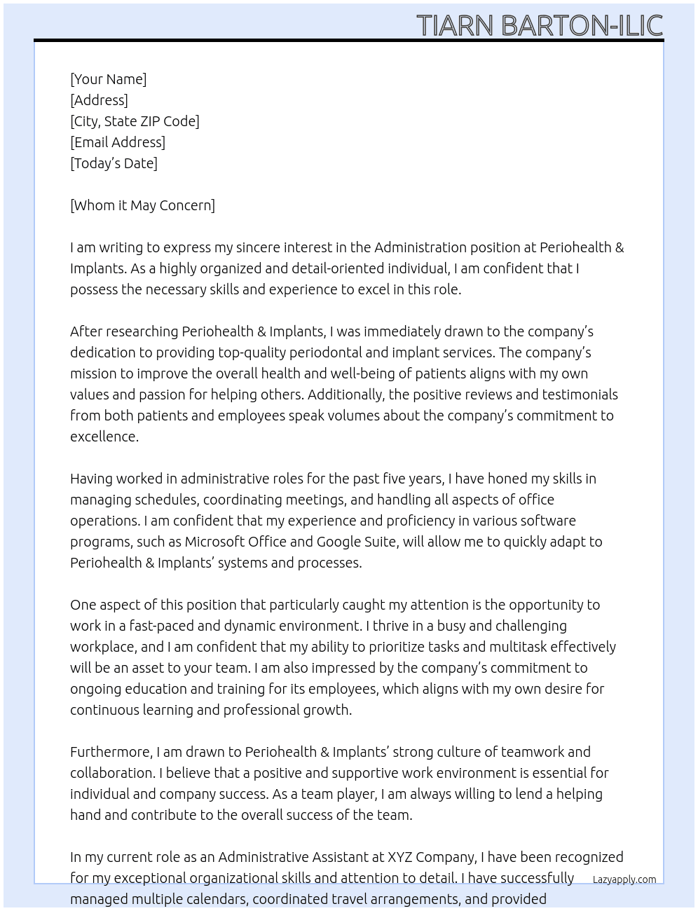 Administration At Periohealth & Implants Cover Letter