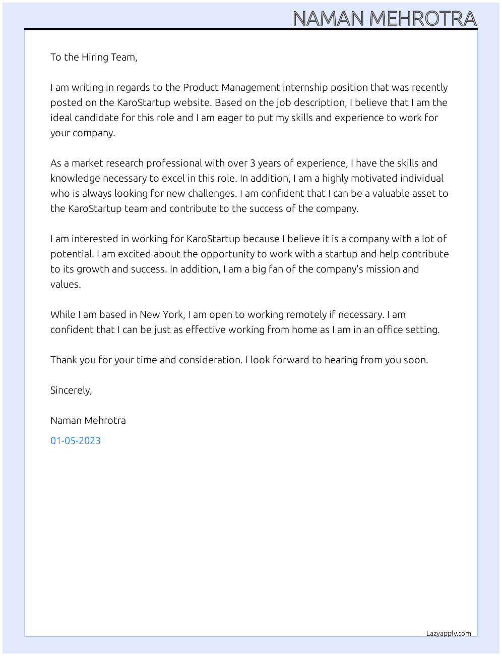 Product Management internship At KaroStartup Cover Letter
