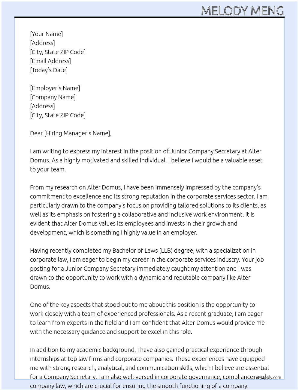 Junior Company Secretary At Alter Domus Cover Letter