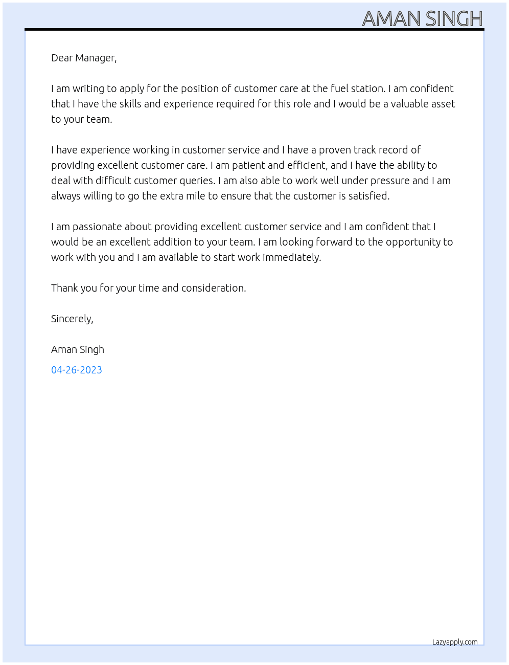 customer care  At fuel station Cover Letter
