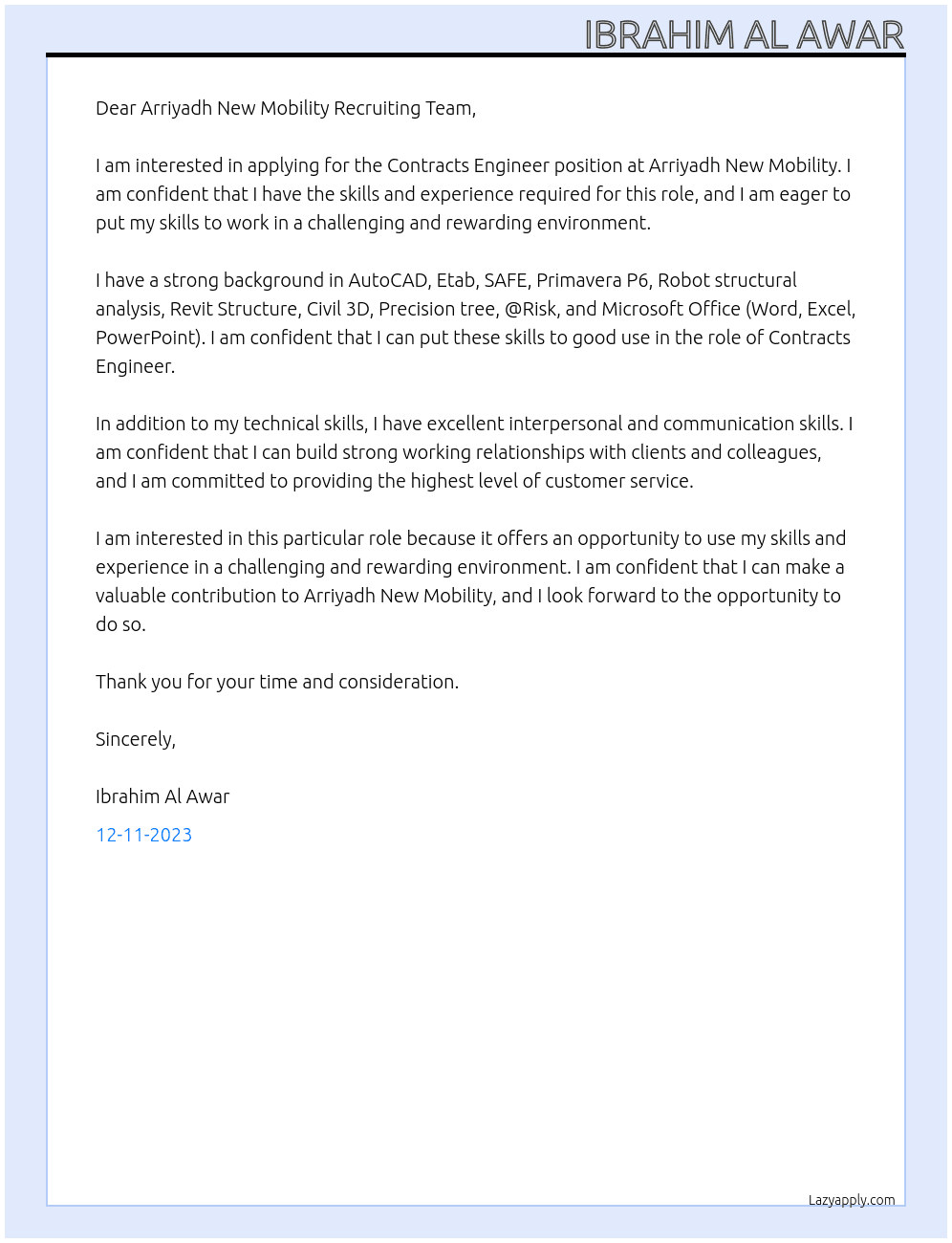 Contracts Engineer At Arriyadh New Mobility Cover Letter