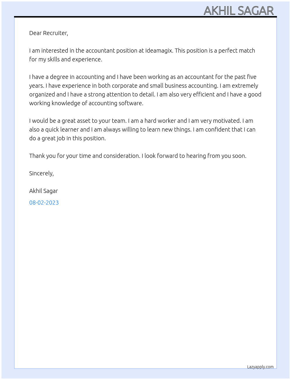 Accountant  At Ideamagix Cover Letter