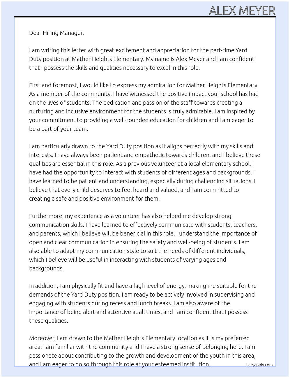 Yard Duty At Mather Heights Elementary Cover Letter