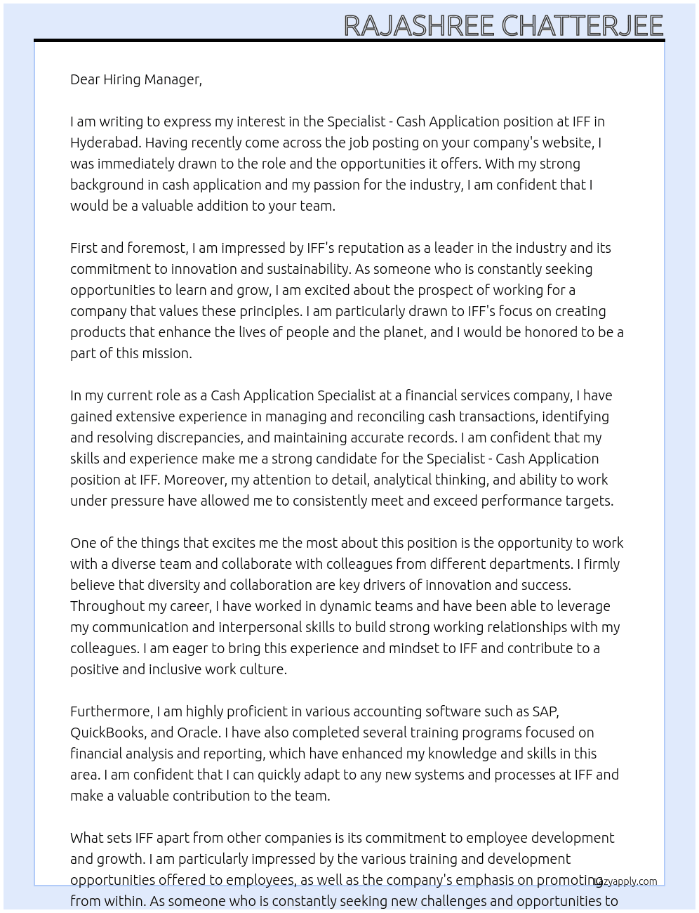 Specialist - Cash Application At IFF Cover Letter