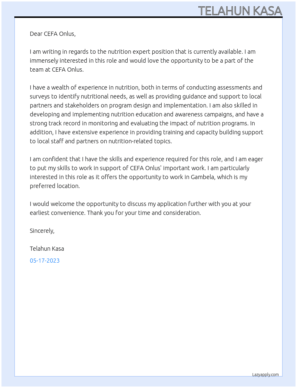 Nutrition Expert  At CEFA Onlus  Cover Letter