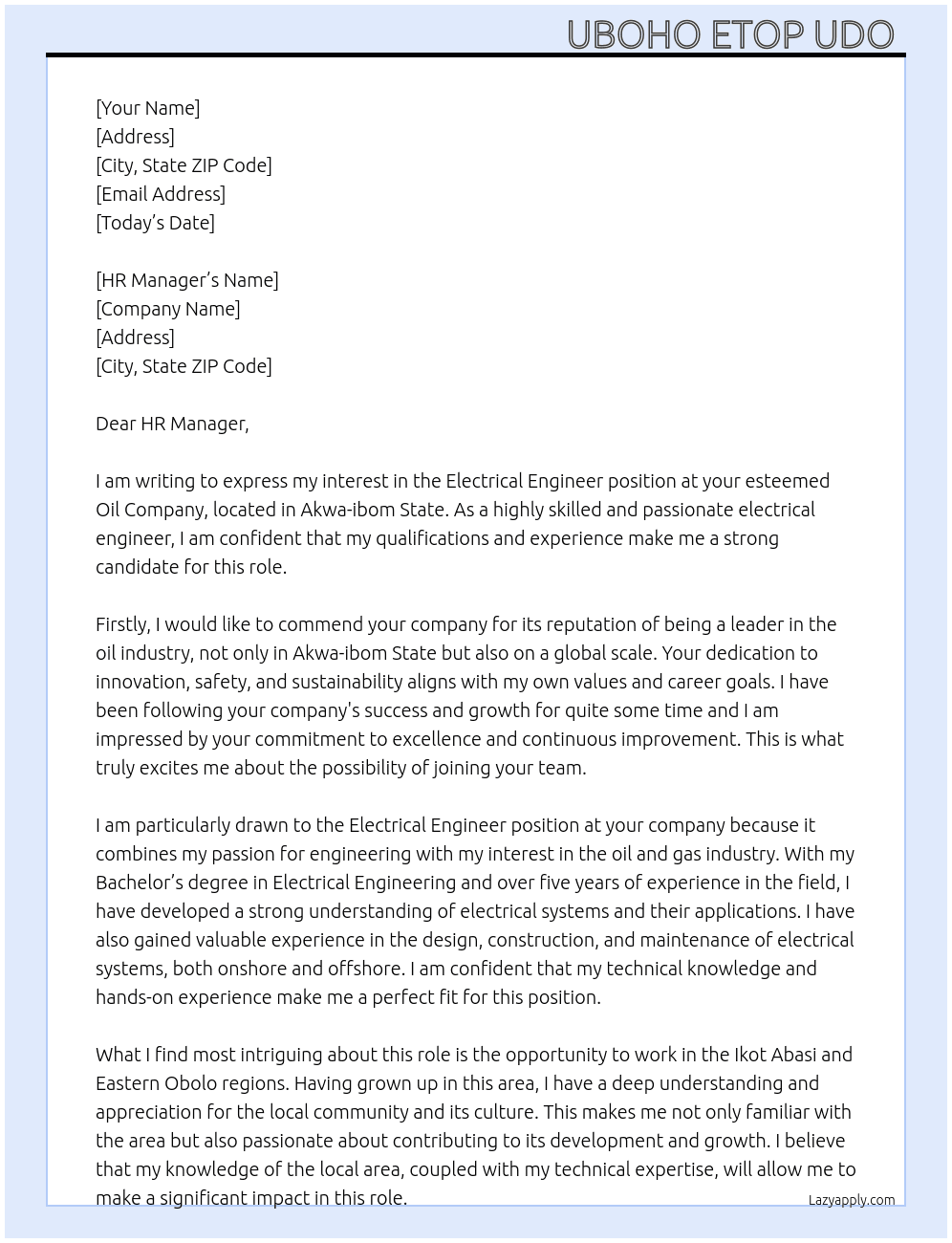 Electrical Engineer At Oil Company  Cover Letter