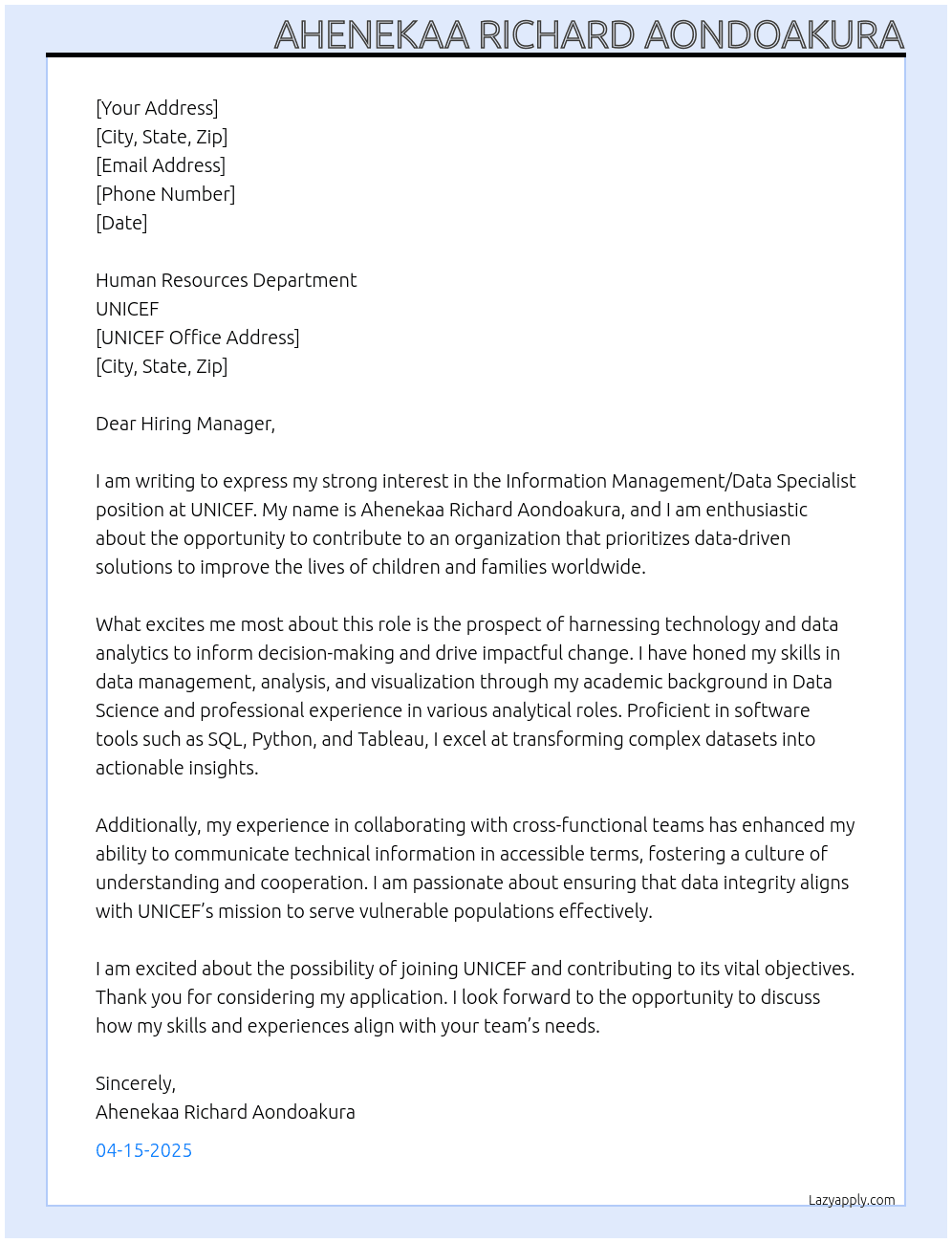 Cover letter for information management /data specialist - LazyApply