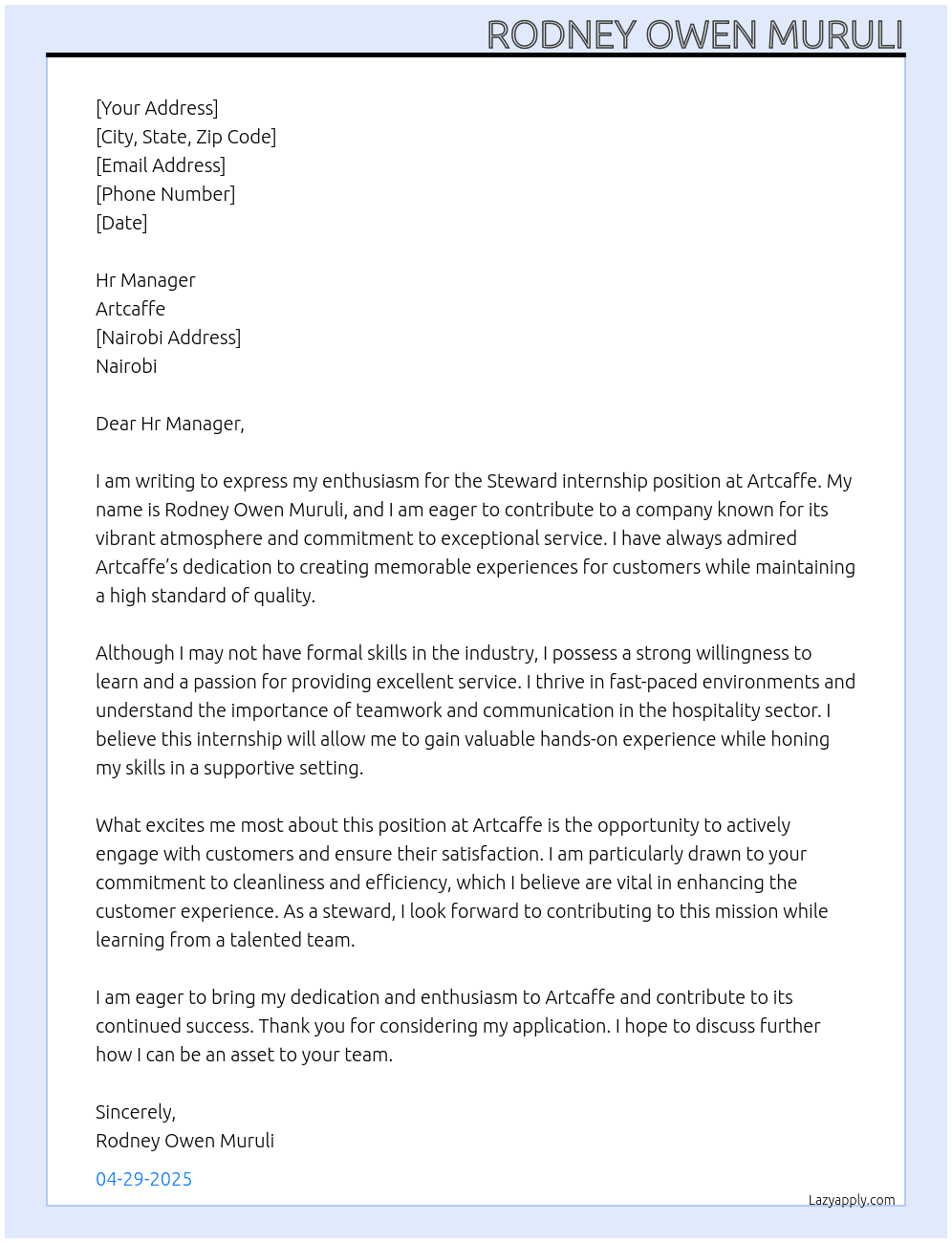 Steward At Artcaffe Cover Letter