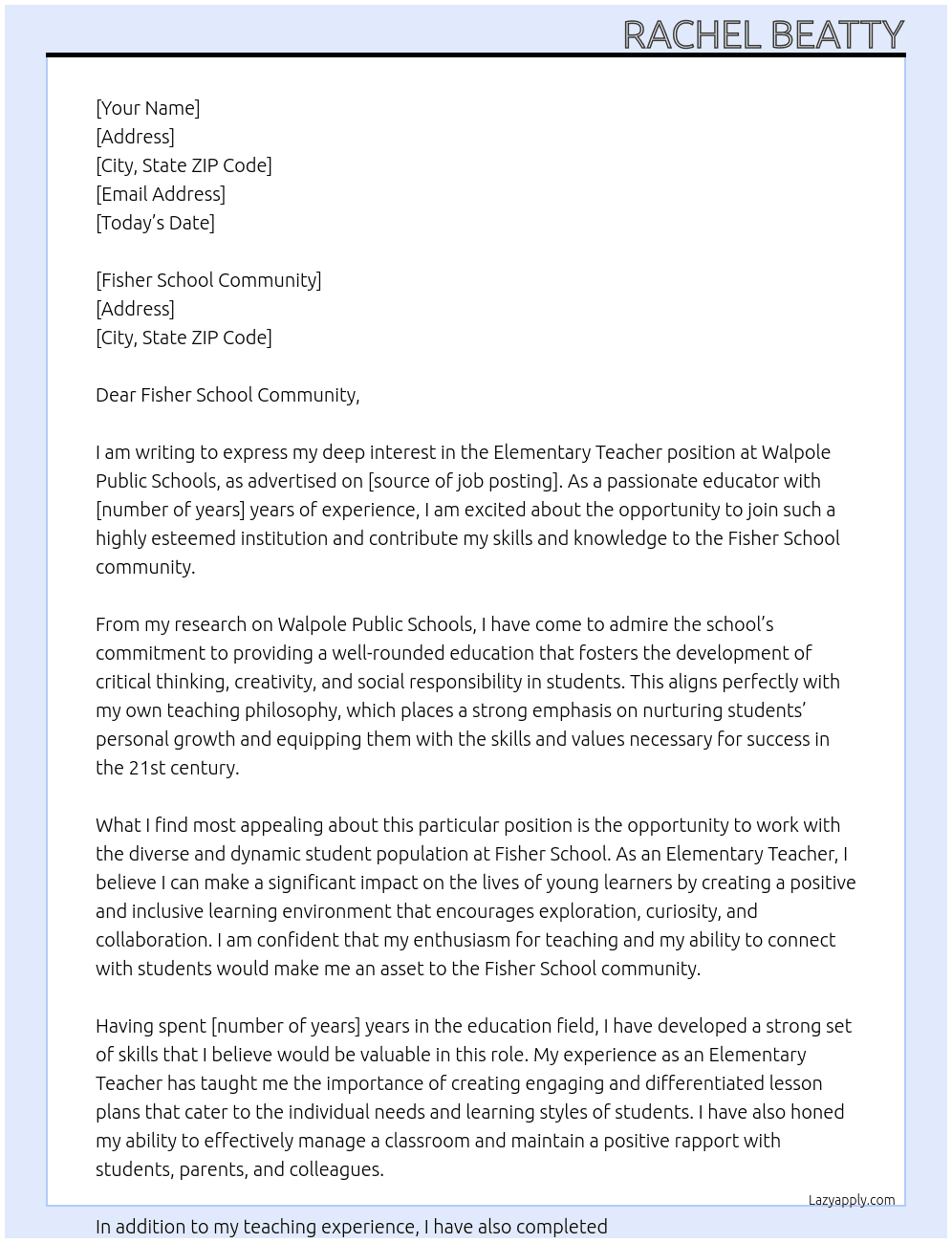 Elementary teacher At Walpole Public Schools Cover Letter