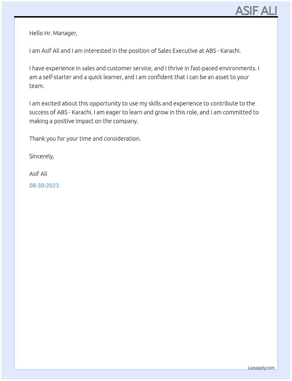 Sales Executive At ABS - Karachi Cover Letter