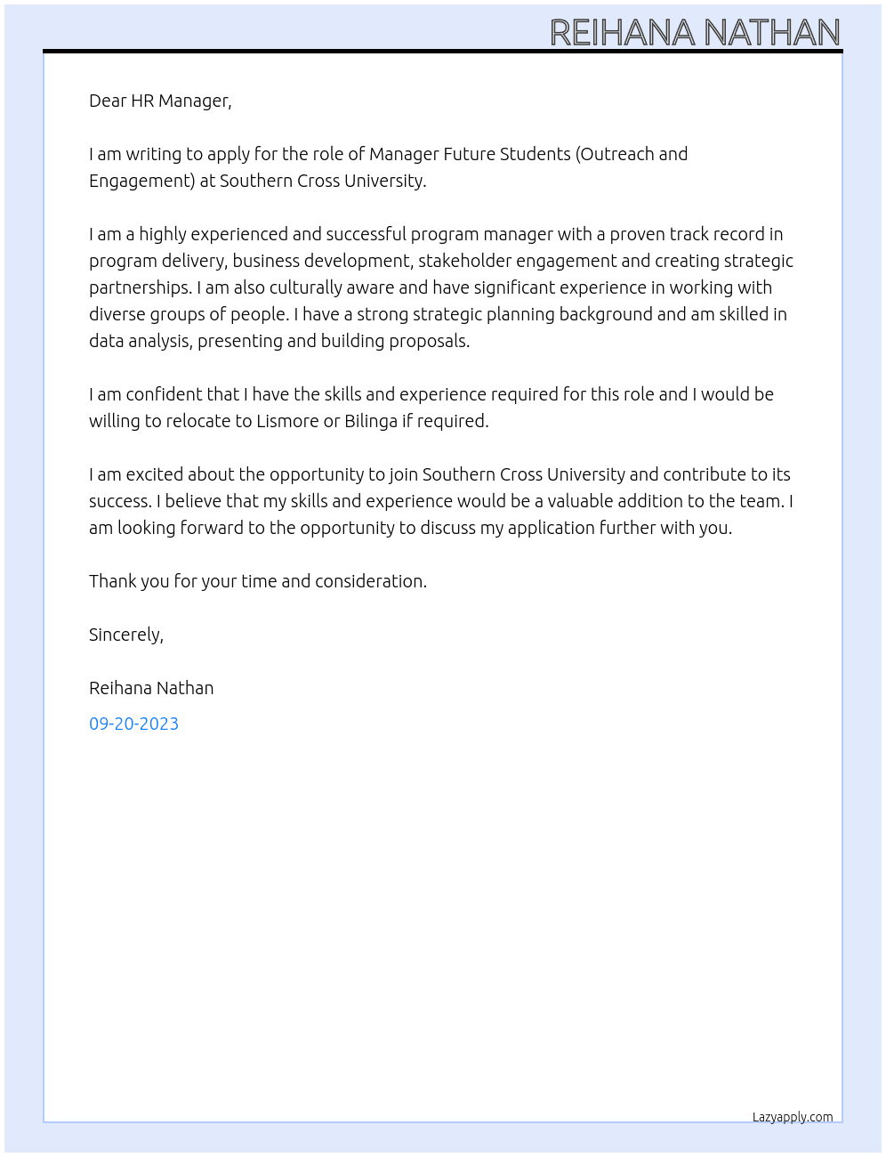 Manager Future Students (Outreach and Engagement)  At Southern Cross University Cover Letter
