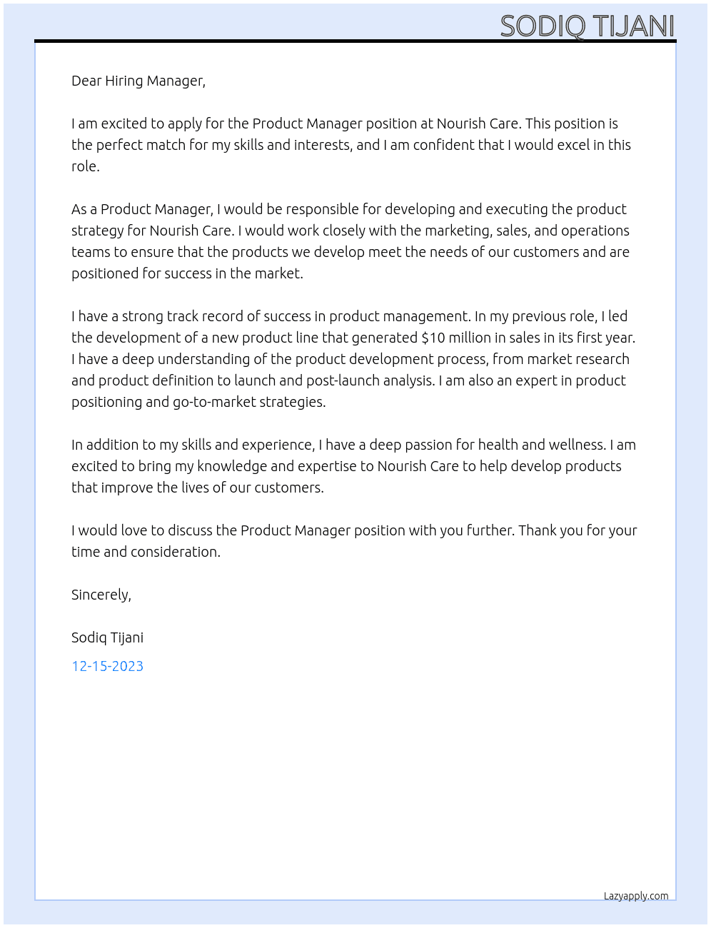 Product manager At Nourish Care Cover Letter