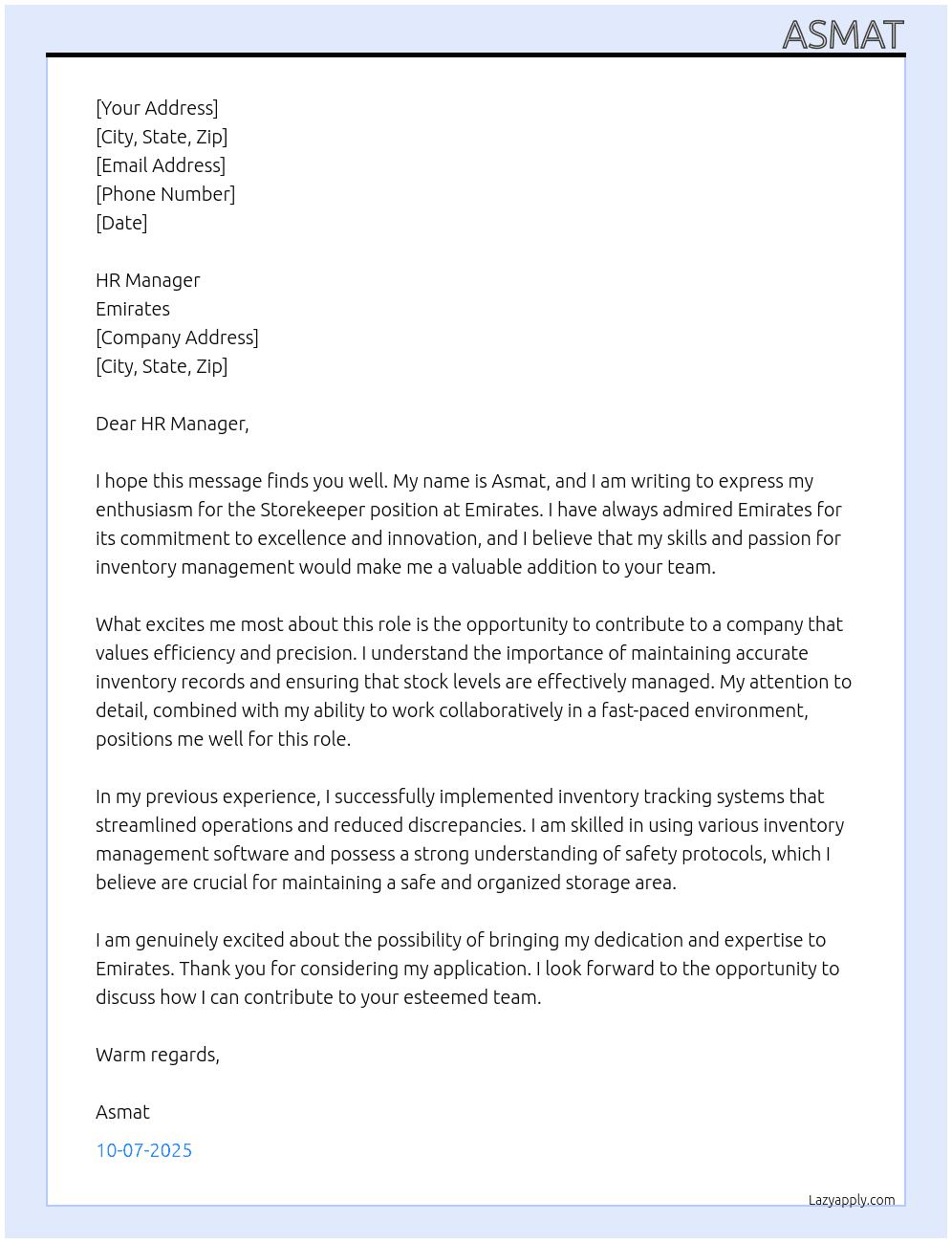 Storekeeper At Emirates Cover Letter