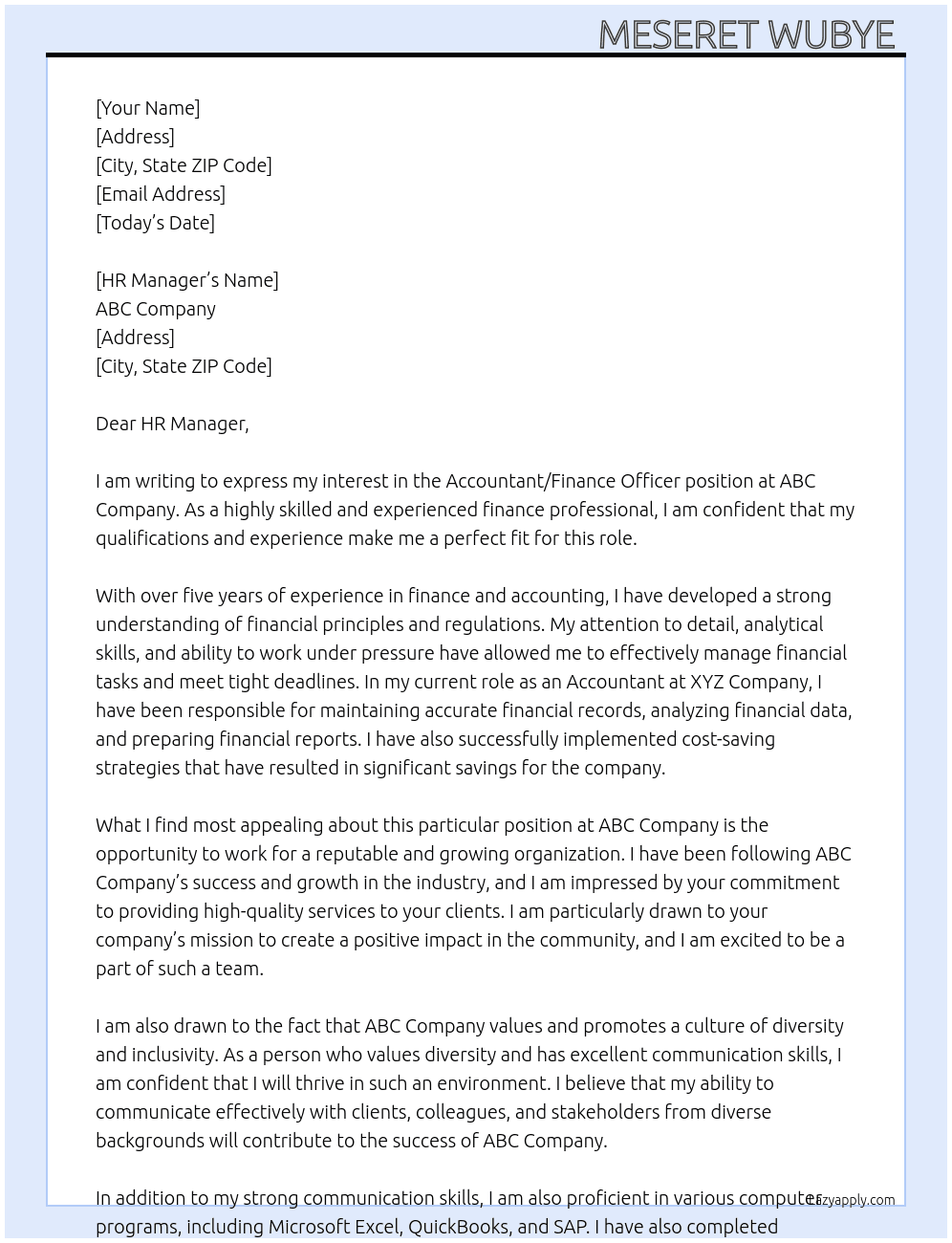 Cover letter for accountnat , finance officer - LazyApply