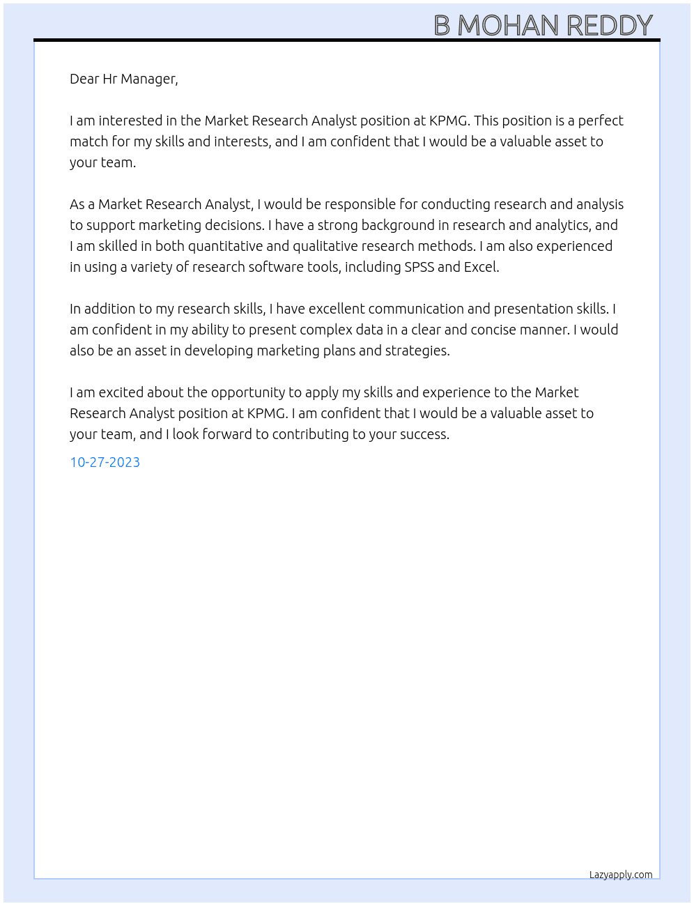 Market Research Analyst  At KPMG  Cover Letter