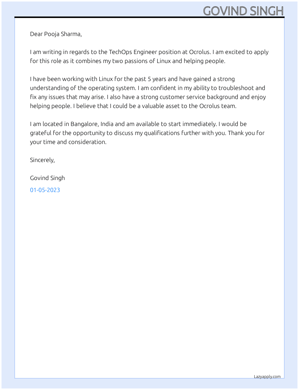 TechOps Engineer  At Ocrolus Cover Letter