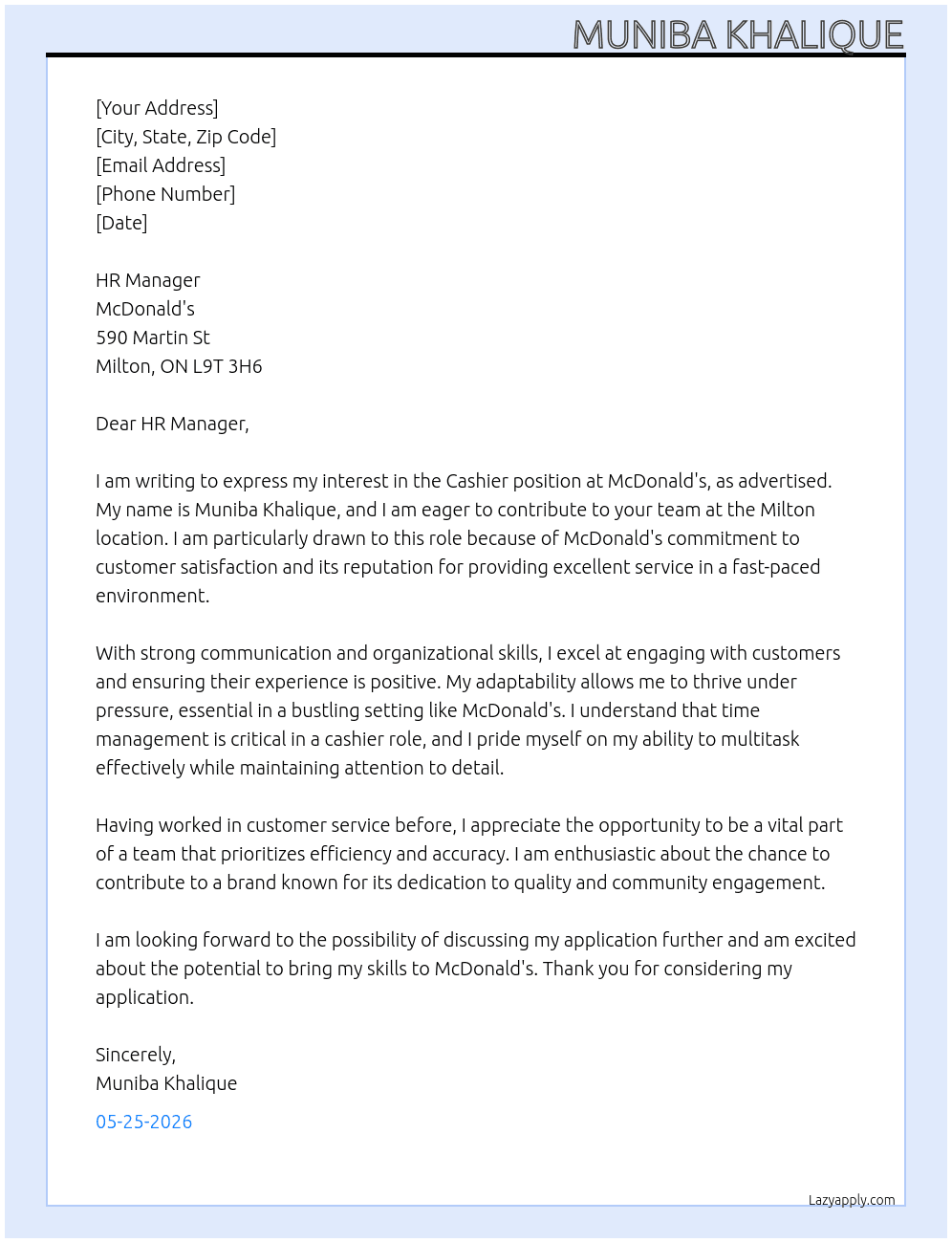 chasier At macdonald's Cover Letter