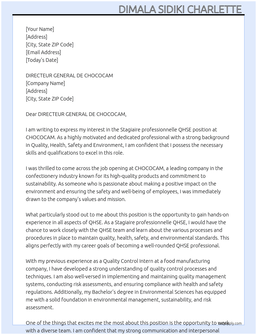 Stagiaire professionnelle QHSE At CHOCOCAM Cover Letter