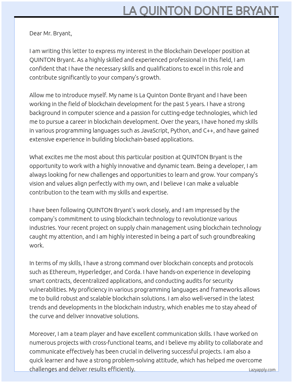 Blockchain developer At QUINTON Bryant Cover Letter