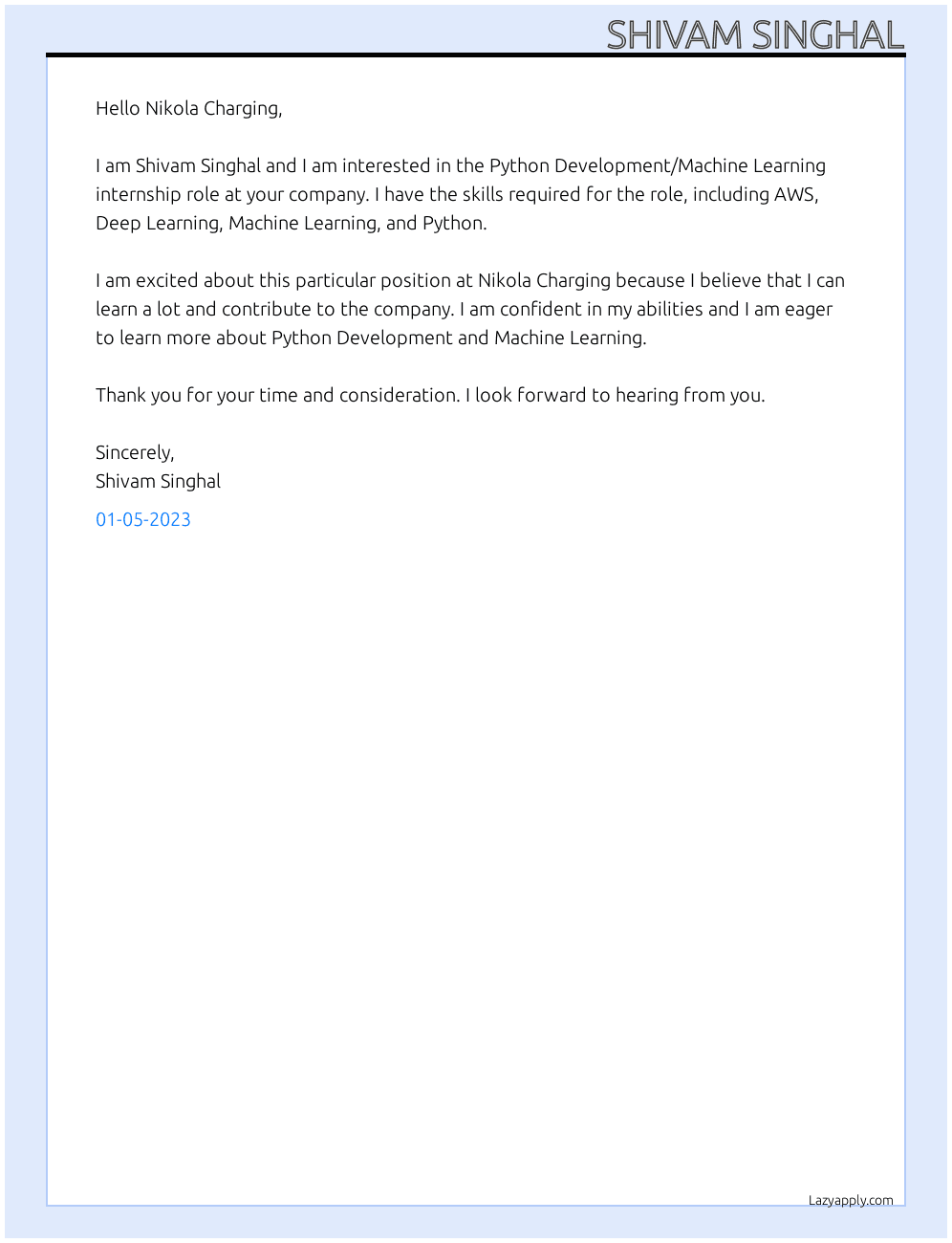 Cover letter for python development/machine learning - LazyApply