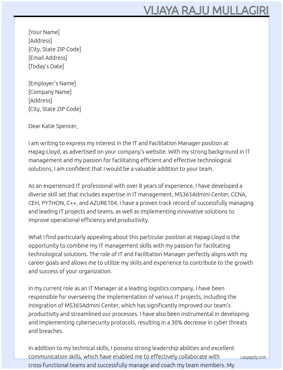 IT and Facilitation Manager At Hapag-Lloyd Cover Letter