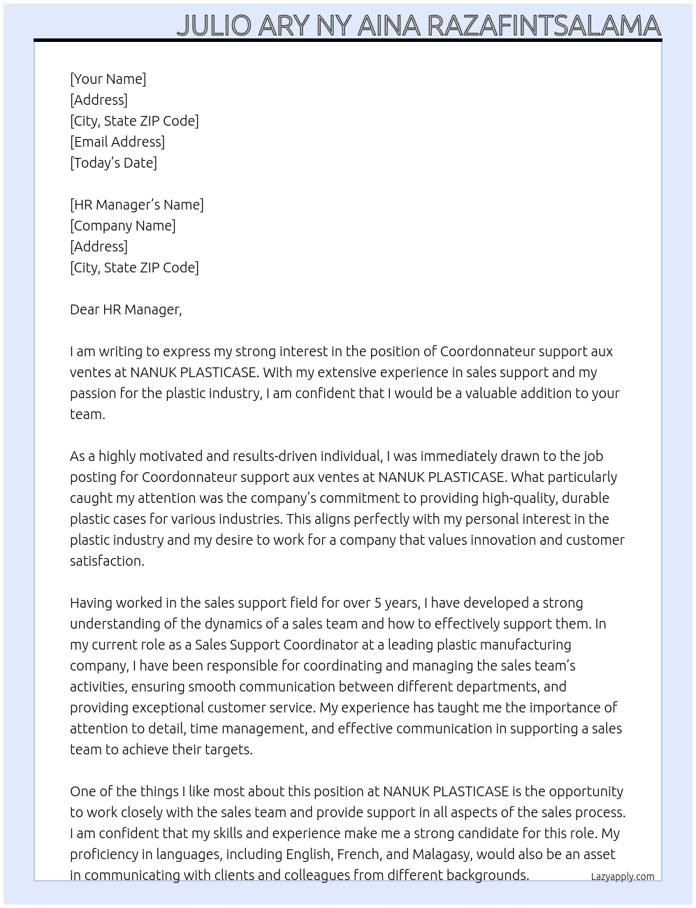  Coordonnateur support aux ventes At NANUK PLASTICASE Cover Letter
