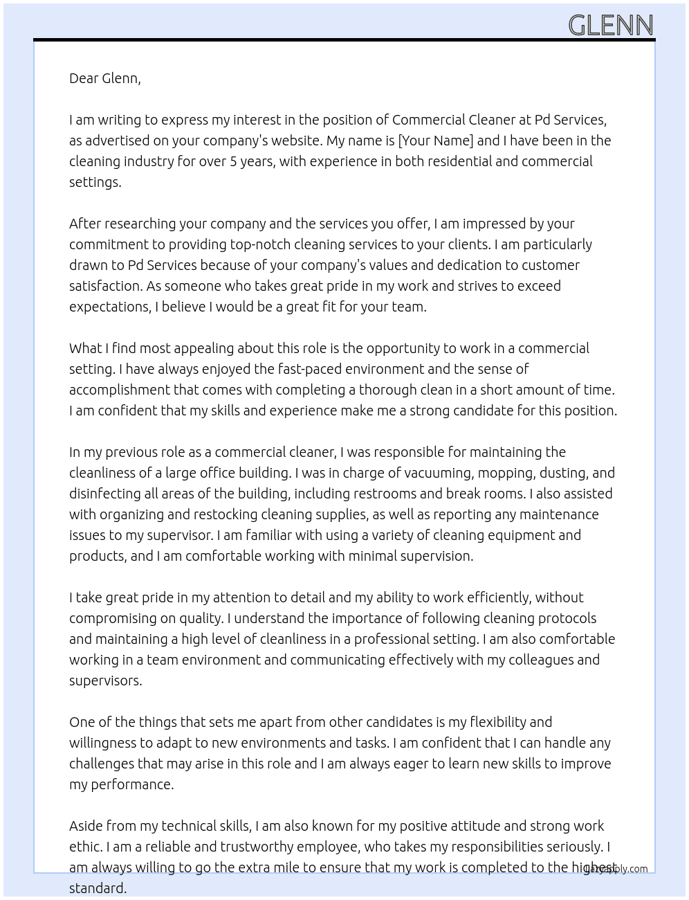 Commercial cleaner  At Pd services  Cover Letter