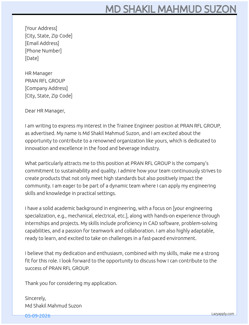 Cover letter for trainee  engineer - LazyApply