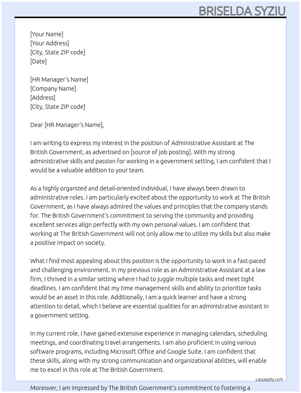 Administrative Assistant  At The British Government Cover Letter