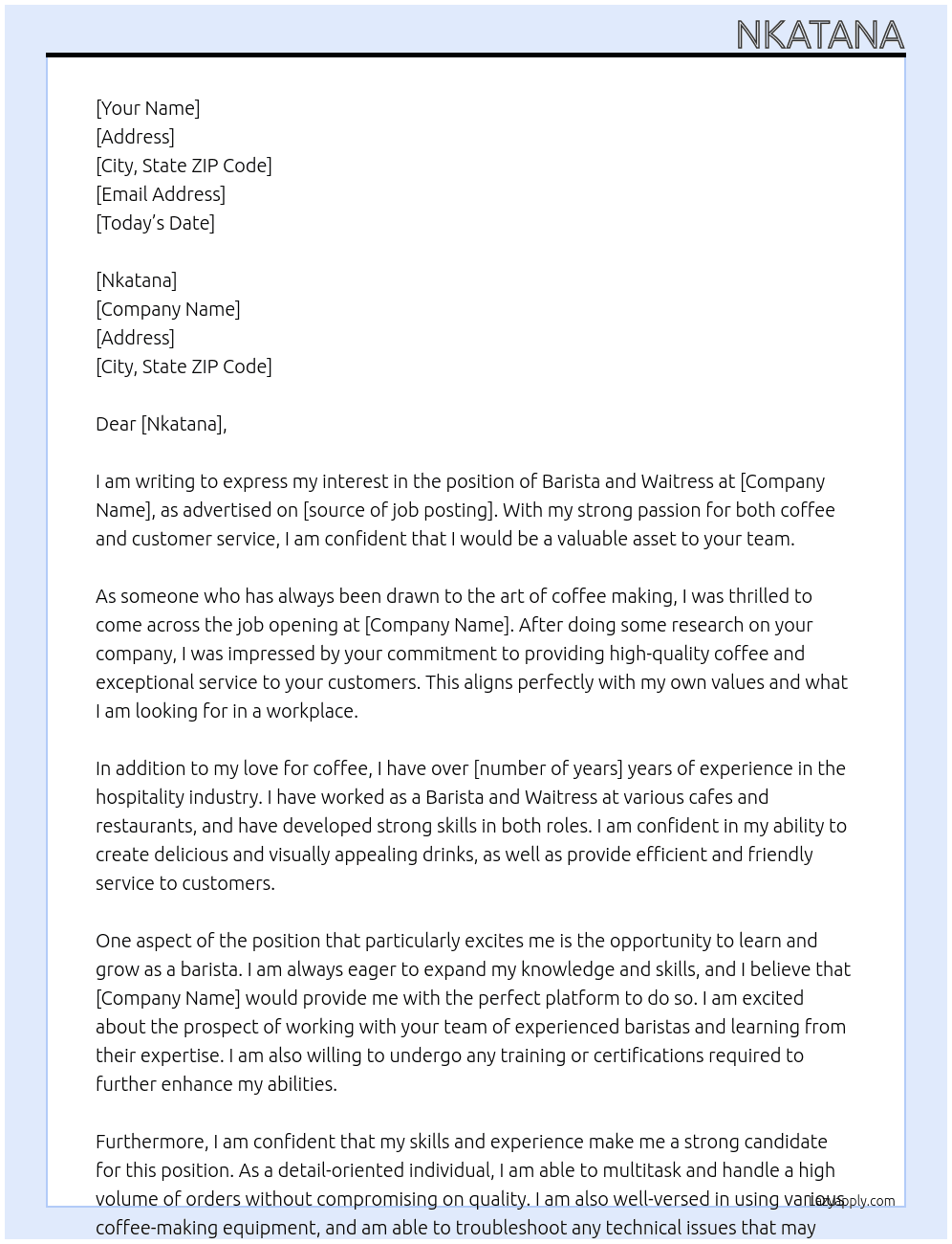 Barista and Waitress At Nkatana Cover Letter