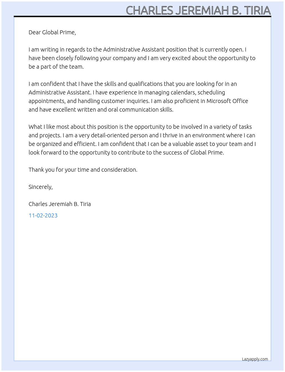 Administrative Assitant At Global Prime Cover Letter