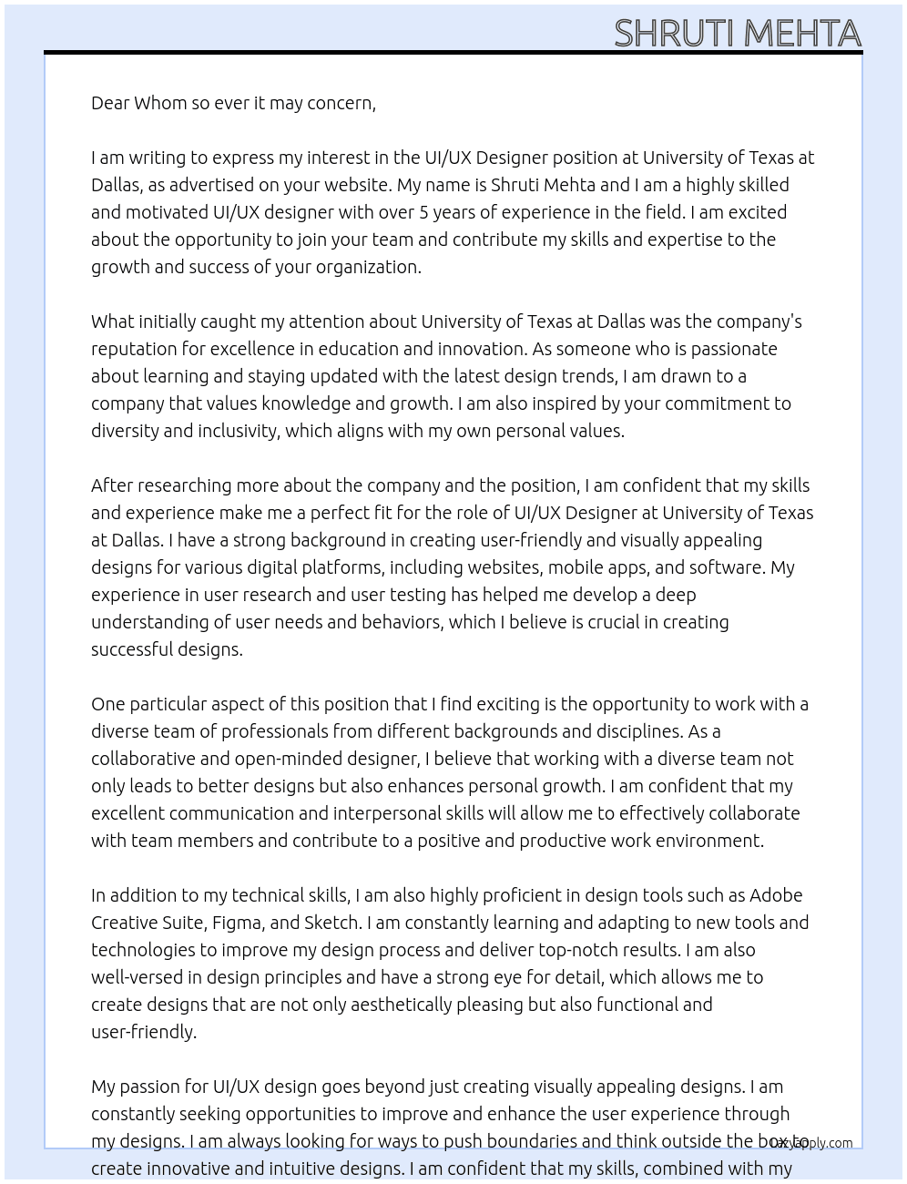 UI/UX Designer At University of Texas at Dallas Cover Letter