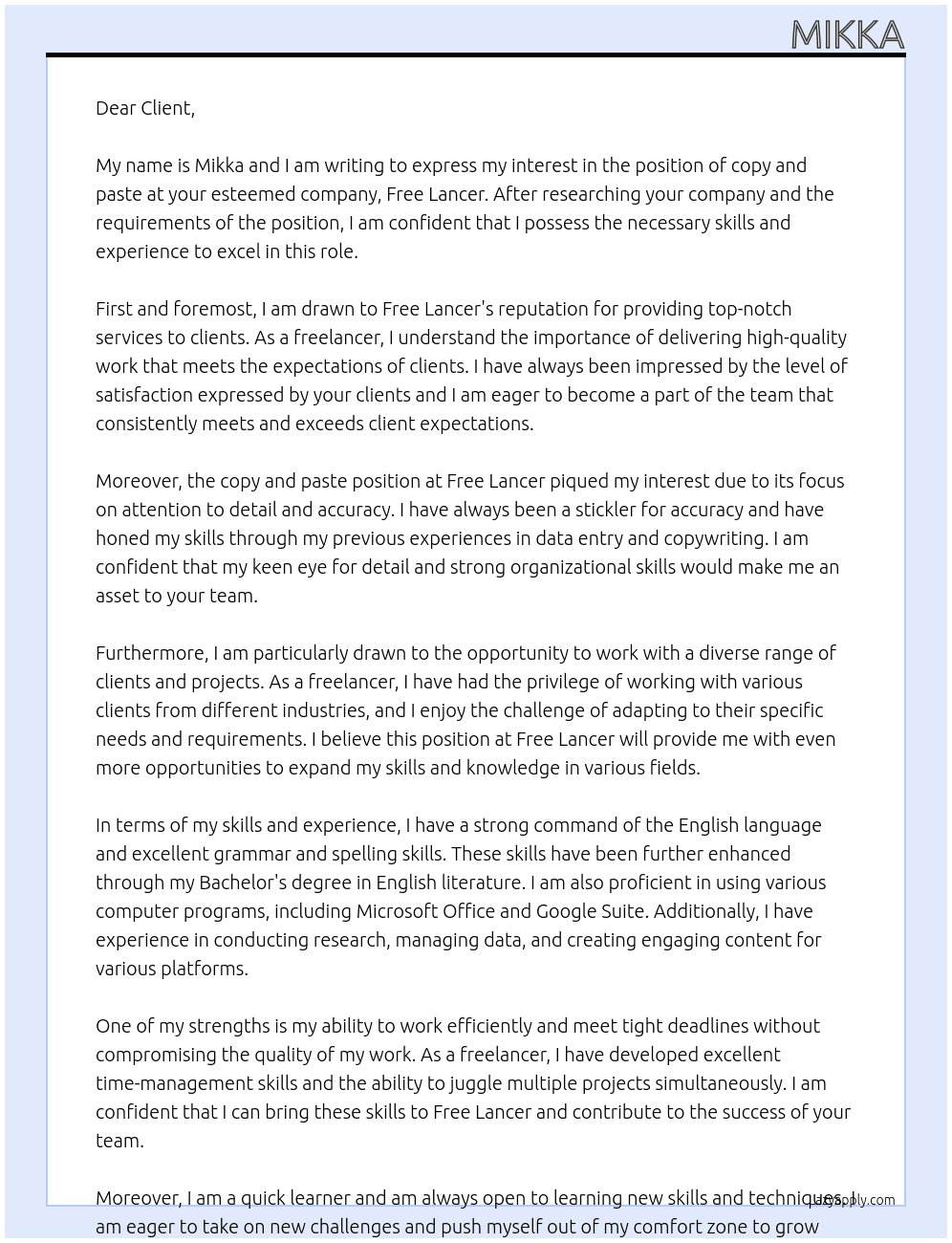 copy and paste At free lancer Cover Letter