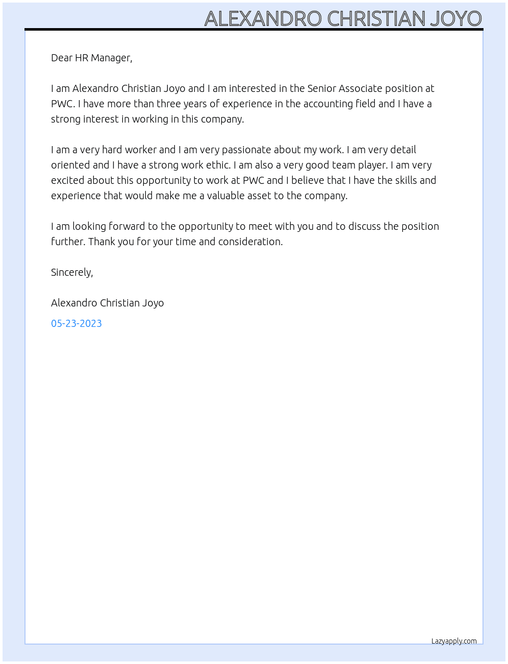 Senior Associate At PWC Cover Letter