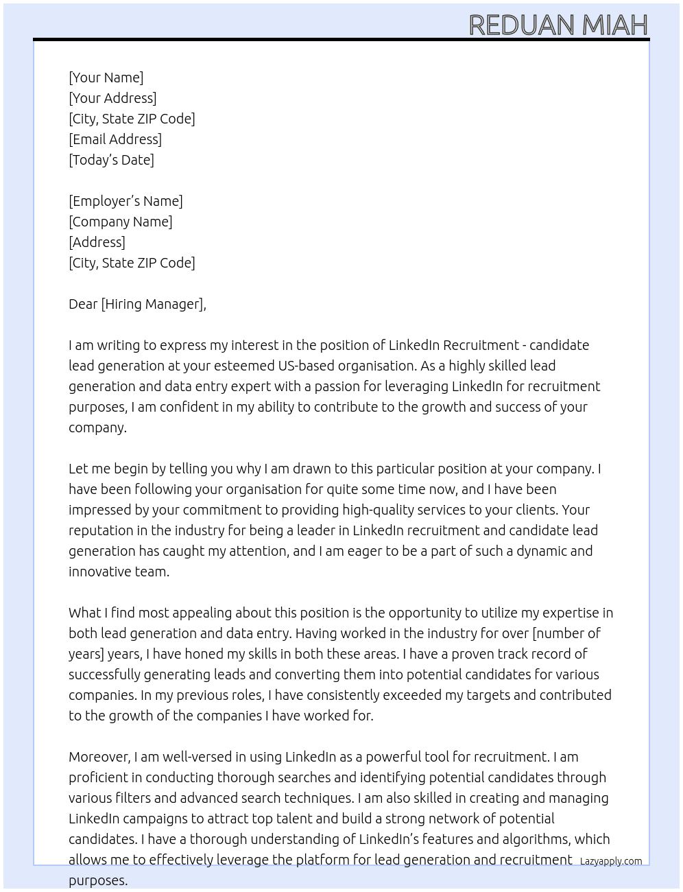 LinkedIn Recruitment - candidate lead generation At US-based organisation Cover Letter
