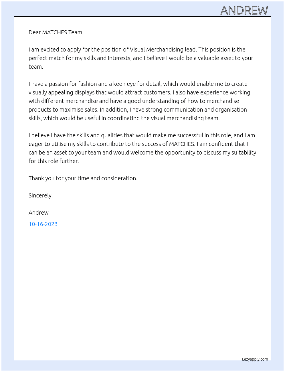 Visual Merchandising lead At MATCHES Cover Letter