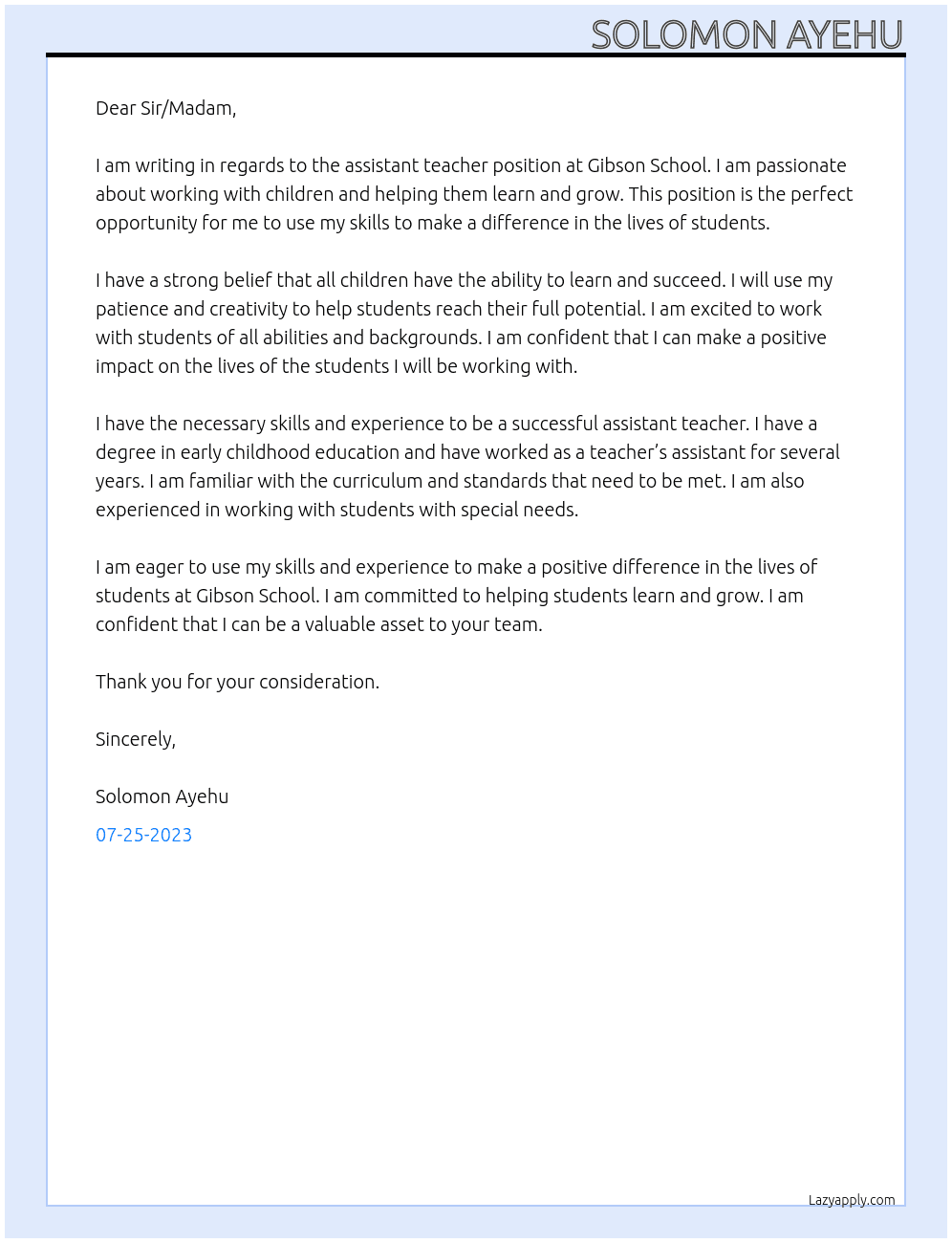 ASSISTANT TEACHER At GIBSON SCHOOL Cover Letter
