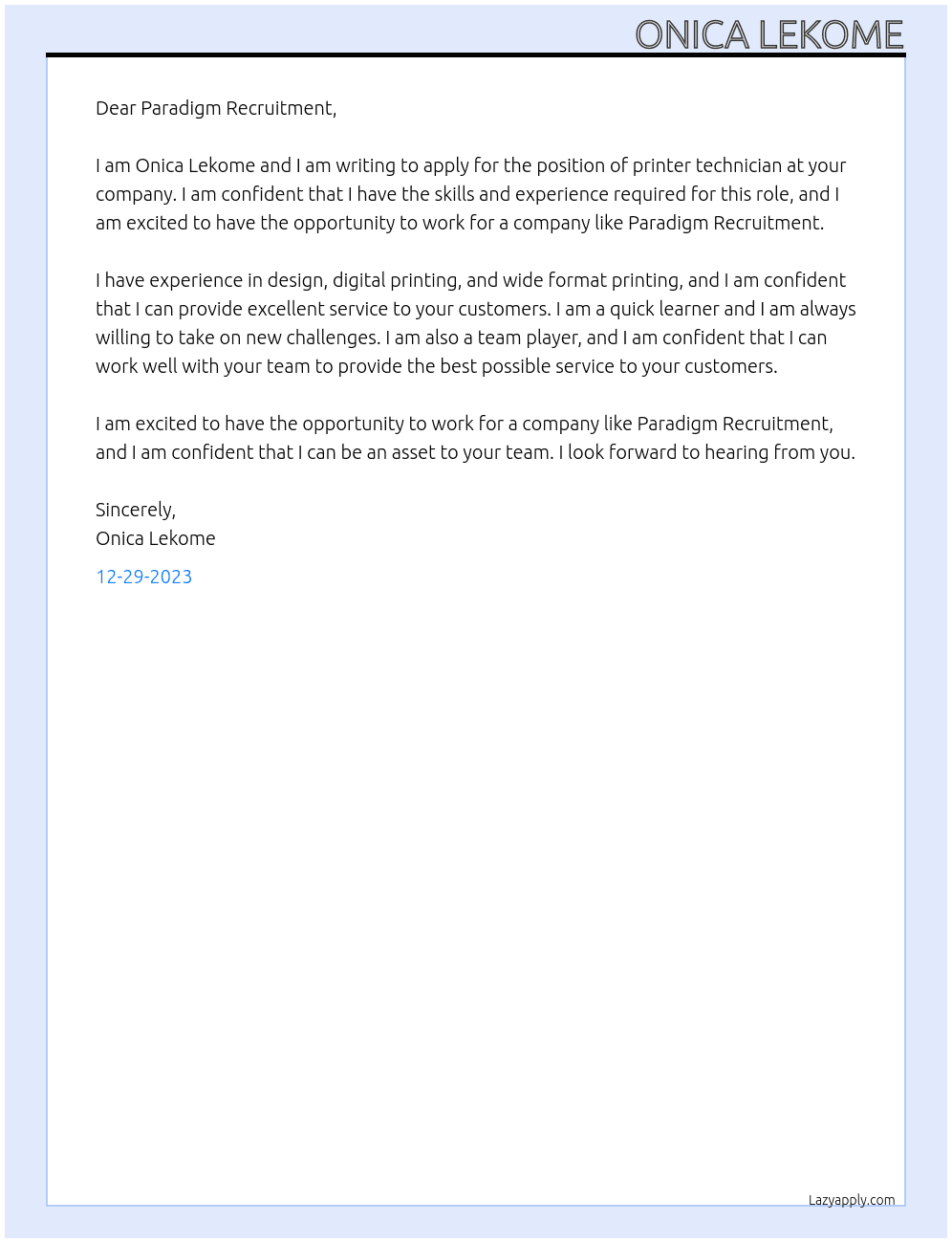 Printer Technician At Paradigm Recruitment Cover Letter