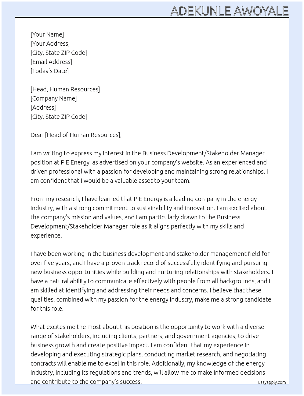 Business Development/Stakeholder Manager At P E Energy Cover Letter